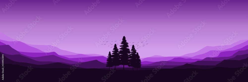tree silhouette in mountain silhouette flat design vector illustration for background, banner, backdrop, tourism design, apps background and wallpaper	