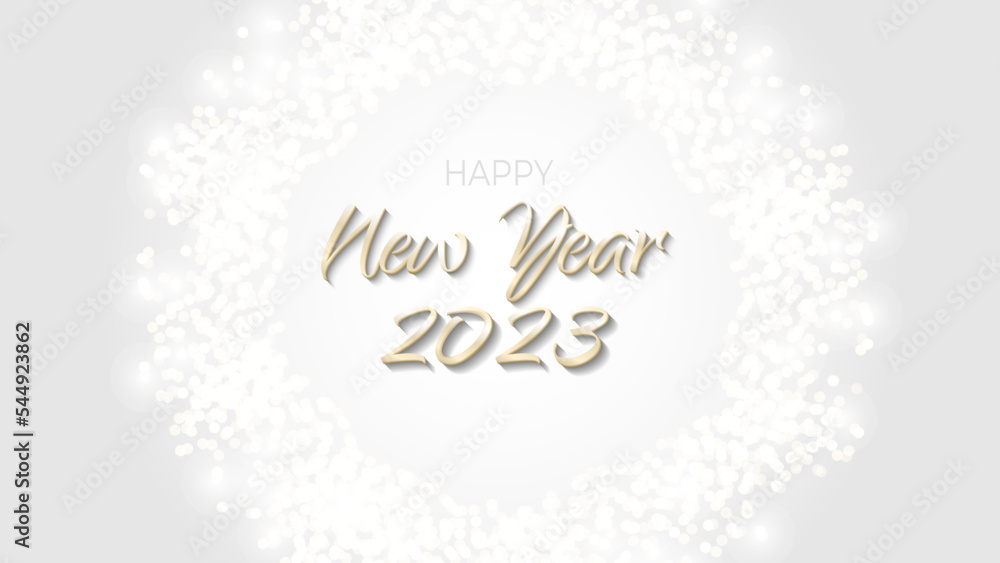 Fototapeta premium Happy New Year 2023 banner glittering golden circle. Gold sparkling ring with dust glitter graphic on white background. Beautiful numbers graphic design template. Luxurious gradient calendar