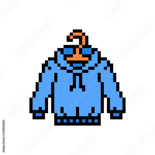 Pixel art symbol of a blue hoodie on a hanger isolated on white background. Long sleeve sweatshirt with a hood, 8 bit icon. Old school retro vintage 90s, 80s slot machine, 2d video game graphics