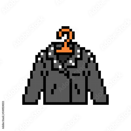 Pixel art black leather punk rock jacket with spikes on a hanger isolated on white background. Clothes icon. Old school retro vintage 90s, 80s 8 bit slot machine, 2d video game graphics.