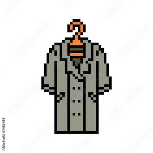 Pixel art long double-breasted gray coat on a hanger isolated on white background. Clothes icon. Old school retro vintage 90s, 80s 8 bit slot machine, 2d video game graphics.