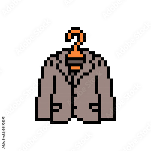 Pixel art brown suit jacket, blazer or sport coat on a hanger isolated on white background. Clothes icon. Old school retro vintage 90s, 80s 8 bit slot machine, 2d video game graphics