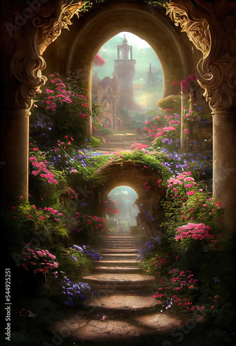 Papier peint AI generated image of an ornate medieval rococo archway covered with flowers at