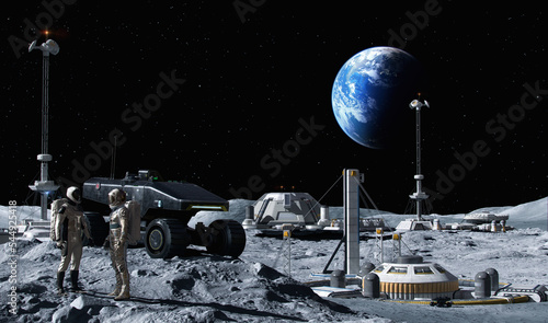 Moon outpost colony, lunar surface with astronauts, rover, living modules, Earth. Lunar base camp 3D. Artemis program, space, planets exploration mission, terraforming, colonization, autonomous life