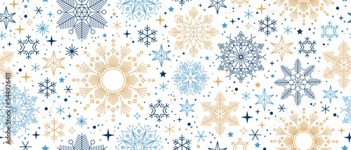 Abstract snowflake seamless border. Snowflakes seamless pattern. Snowfall repeat backdrop. Winter holidays theme. Seamless background with snowflakes