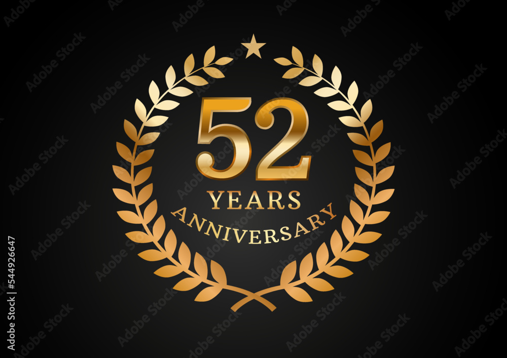 Fototapeta premium Vector graphic of Anniversary celebration background. 52 years golden anniversary logo with laurel wreath on black background. Good design for wedding party event, birthday, invitation, brochure, etc