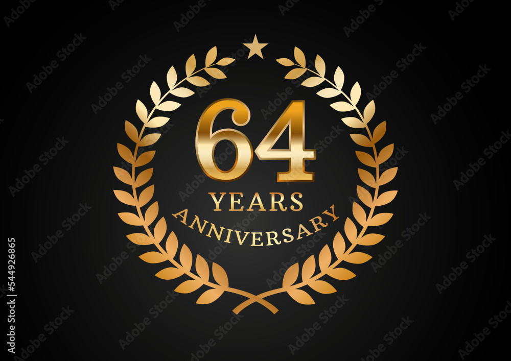 Vector graphic of Anniversary celebration background. 64 years golden anniversary logo with laurel wreath on black background. Good design for wedding party event, birthday, invitation, brochure, etc Vector graphic of Anniversary celebration background. 64 years golden anniversary logo with laurel wreath on black background. Good design for wedding party event, birthday, invitation, brochure, etc