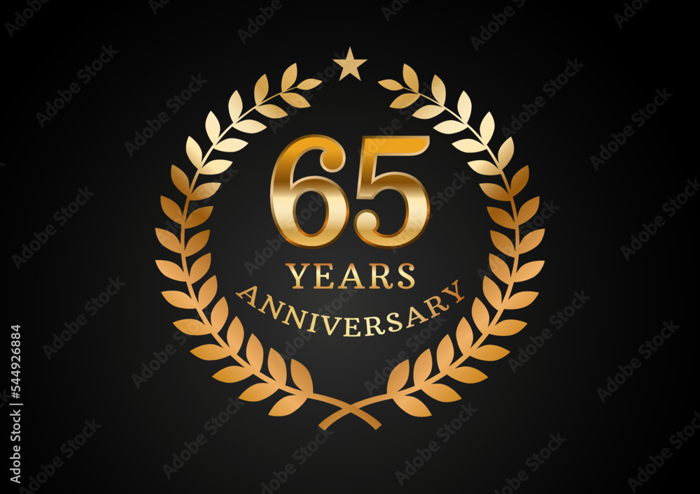Naklejka premium Vector graphic of Anniversary celebration background. 65 years golden anniversary logo with laurel wreath on black background. Good design for wedding party event, birthday, invitation, brochure, etc