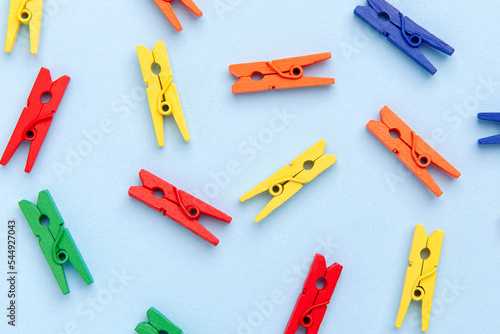 Group of objects, repetitive objects clothespin colorful pattern, crowd top view