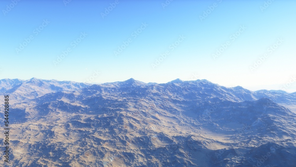 realistic surface of an alien planet, view from the surface of an exo-planet, canyons on an alien planet, stone planet, desert planet 3d render
