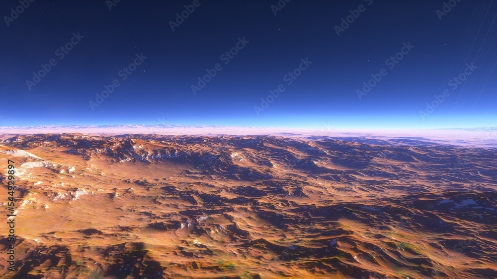 Obraz premium science fiction wallpaper, cosmic landscape, realistic exoplanet, abstract cosmic texture, beautiful alien planet in far space, detailed planet surface, abstract aerial view, abstract texture 3d rende