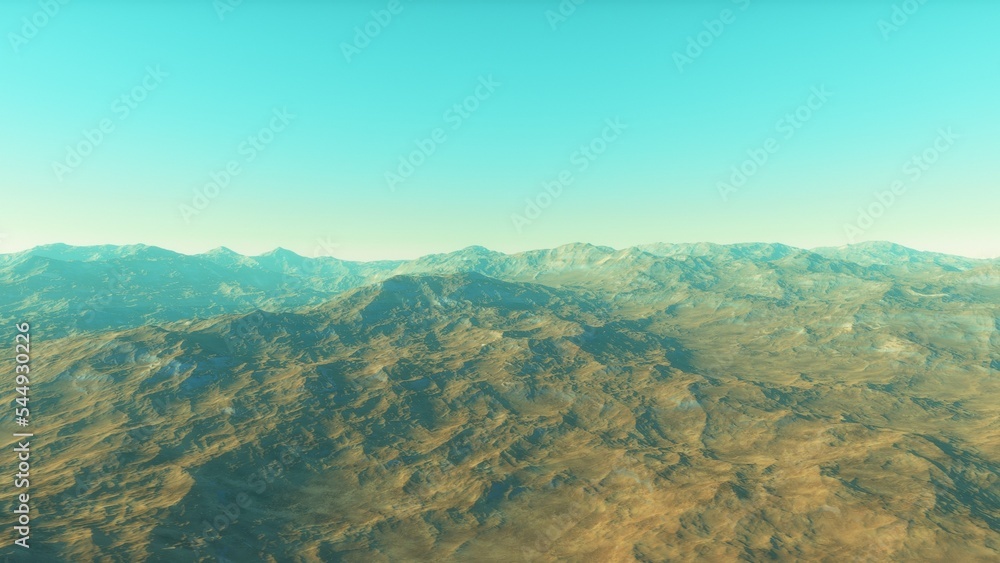 realistic surface of an alien planet, view from the surface of an exo-planet, canyons on an alien planet, stone planet, desert planet 3d render
