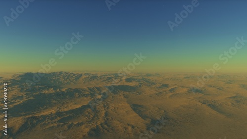 realistic surface of an alien planet, view from the surface of an exo-planet, canyons on an alien planet, stone planet, desert planet 3d render  © ANDREI