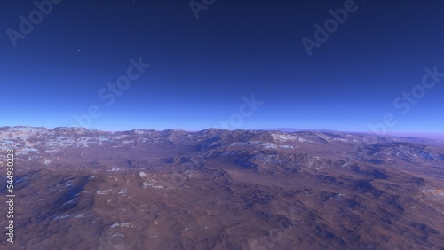 realistic surface of an alien planet, view from the surface of an exo-planet, canyons on an alien planet, stone planet, desert planet 3d render 