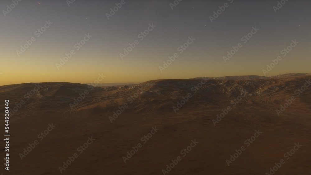Obraz premium Exoplanet fantastic landscape. Beautiful views of the mountains and sky with unexplored planets. 3D illustration.