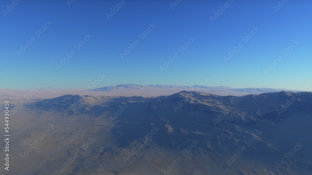 Exoplanet fantastic landscape. Beautiful views of the mountains and sky with unexplored planets. 3D illustration.
