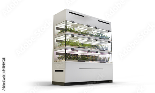 Indoore vertical farm for cultivation. Hydroponics system. 3d illustration isolated on white background