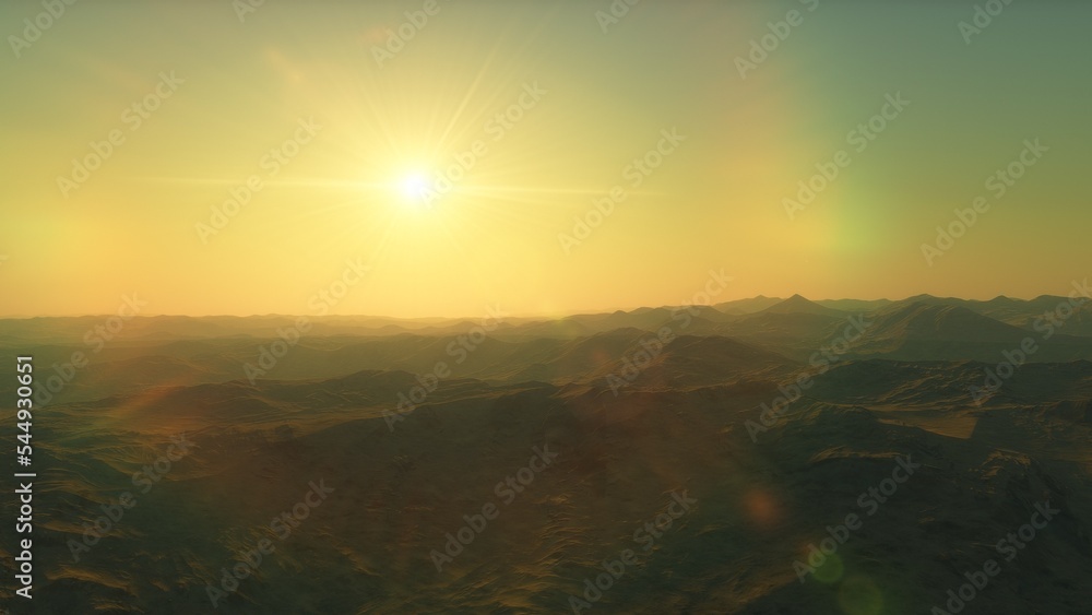 Obraz premium beautiful view from an exoplanet, a view from an alien planet, a computer-generated surface, a fantastic view of an unknown world, a fantasy world 3D render 