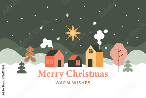 Merry Christmas greeting card. Vector cartoon illustration with three village houses on the background of a snowy night landscape with a Christmas star in the sky. Modern illustration in flat style