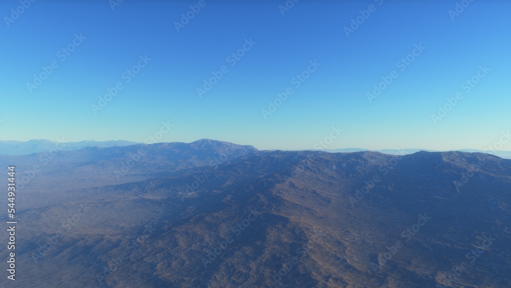 Fototapeta premium Mars like red planet, with arid landscape, rocky hills and mountains, for space exploration and science fiction backgrounds. 