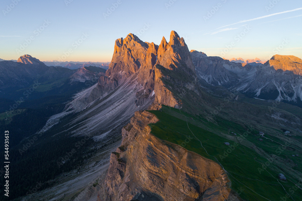 Beautiful view of Seceda at sunset with clear skies, Italian Dolomites. 