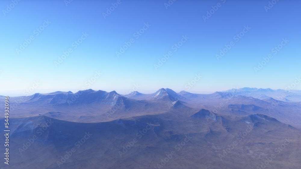 Mars like red planet, with arid landscape, rocky hills and mountains, for space exploration and science fiction backgrounds.
