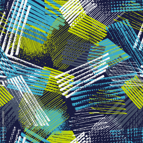 Abstract seamless urban background. Repeated backdrop for boys, girls, sport, fashion textile. Chaotic grunge geometric pattern with dots, shape, texture and directing arrow. Creative Original design.