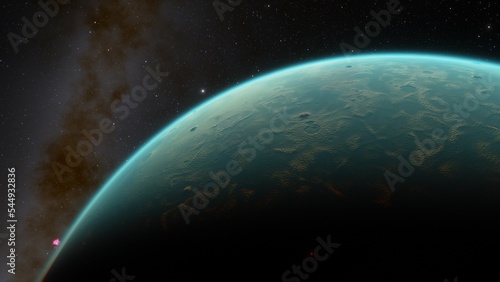 super-earth planet, realistic exoplanet, planet suitable for colonization, earth-like planet in far space, planets background 3d render 