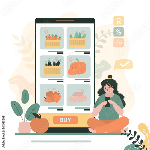 Woman chooses fresh farm food in online store. Mobile application presents various assortment of fruits and vegetables. Girl client orders home delivery of eco organic food.
