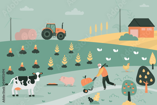 Rural view. Elderly farmer pull garden cart with crop. Farm animals, poultry products, organic food. Countryside landscape, farm. Ecological agricultural food. Farmland, ranch.