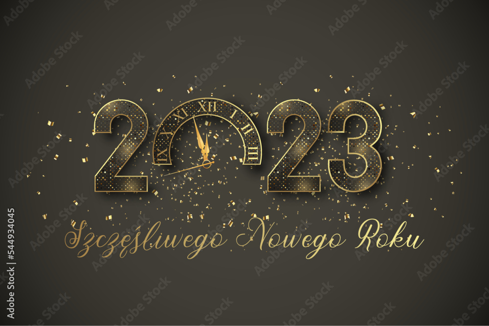 kartka lub baner z życzeniami szczęśliwego nowego roku 2023 w złocie 0 składa się z zegara na czarnym tle gradientowym ze złotym brokatem - obrazy, fototapety, plakaty 