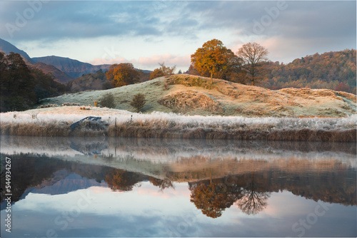 Perfect reflections on River Brathay on a frosty morning. Landscape Photo. Beautiful warm light contrasted with the cold landscape. 