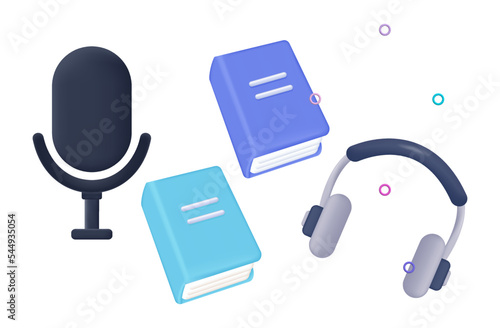 Audiobook. Books, microphone and headphones 3d. Modern device for audio podcast, reading fiction, novel, short story. Sound in the studio, radio. Equipment for playing the course, guide. Vector set.