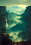 Misty mountain and falls landscape