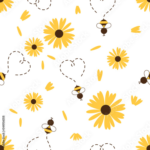 Seamless pattern with flowers and bee cartoons on white background vector.