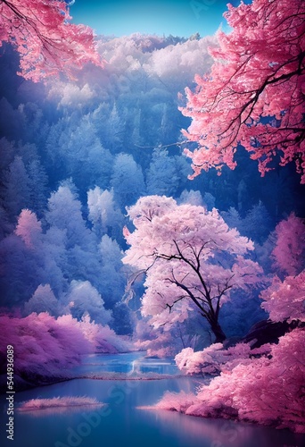 Winter forest landscape scenery pink leaf tree wallpaper  © Hasan