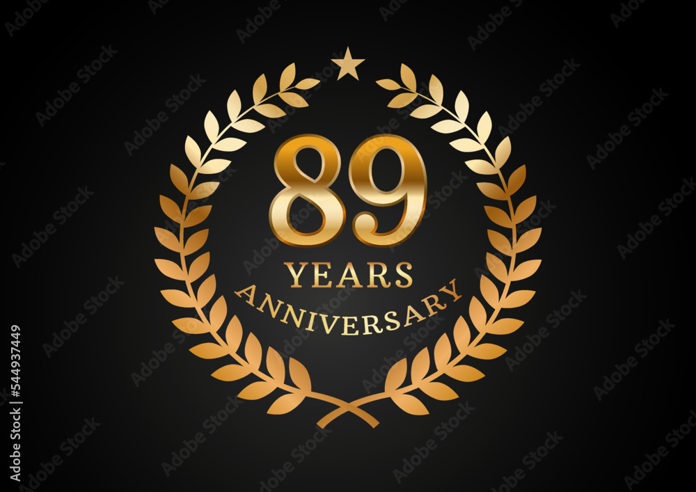 Vector graphic of Anniversary celebration background. 89 years golden anniversary logo with laurel wreath on black background. Good design for wedding party event, birthday, invitation, brochure, etc Vector graphic of Anniversary celebration background. 89 years golden anniversary logo with laurel wreath on black background. Good design for wedding party event, birthday, invitation, brochure, etc