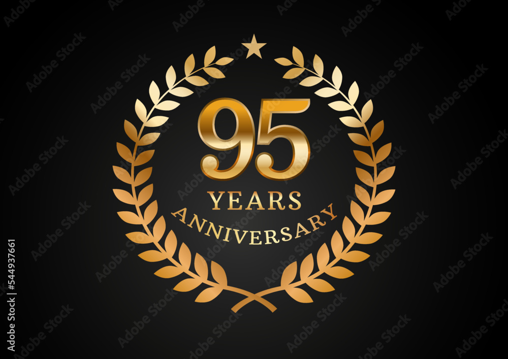Naklejka premium Vector graphic of Anniversary celebration background. 95 years golden anniversary logo with laurel wreath on black background. Good design for wedding party event, birthday, invitation, brochure, etc