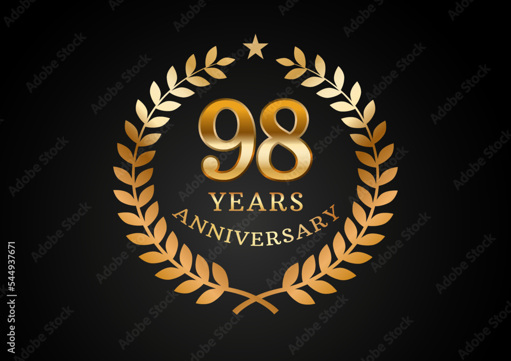 Fototapeta premium Vector graphic of Anniversary celebration background. 98 years golden anniversary logo with laurel wreath on black background. Good design for wedding party event, birthday, invitation, brochure, etc