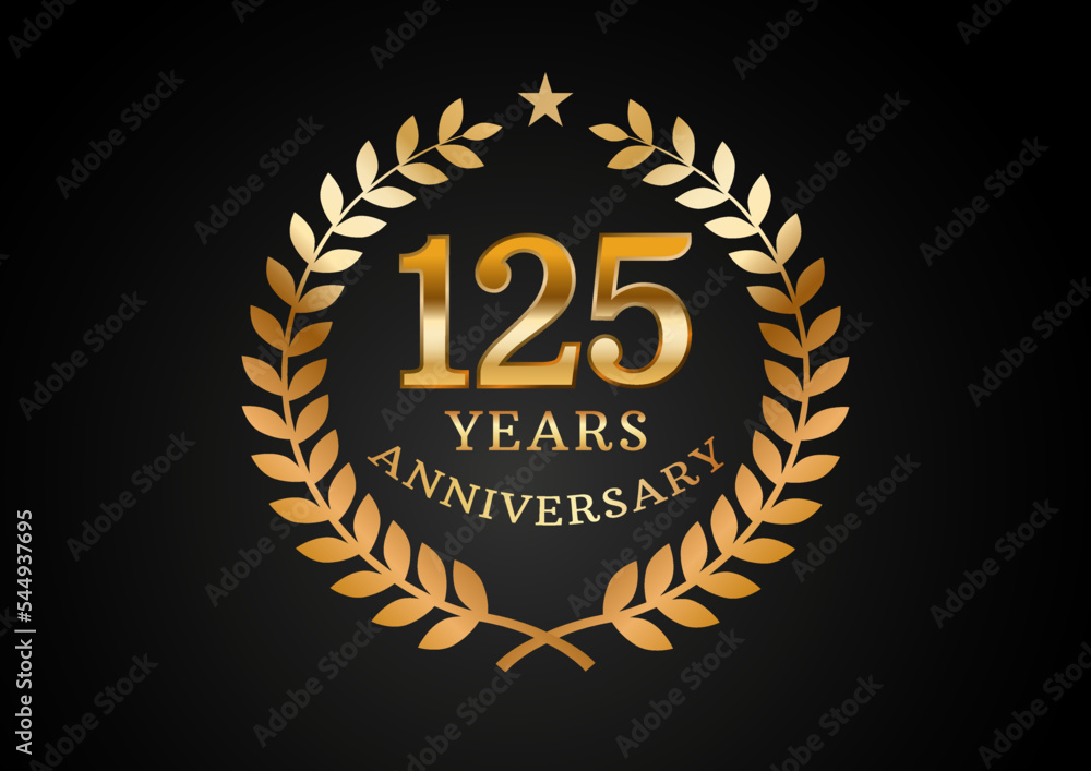 Vector graphic of Anniversary celebration background. 125 years golden anniversary logo with laurel wreath on black background. Good design for wedding party event, birthday, invitation, etc