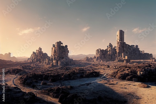 Futuristic fortress. Desert outpost against evening sky. Stone towers with neon lights. Sci fi wallpaper. Photorealistic . photo