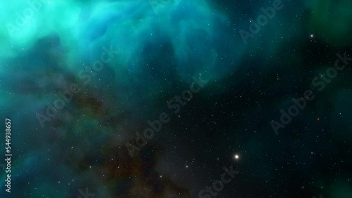 Flying Through The Stars And Blue Nebula In Space. Galaxy exploration through outer space towards glowing milky way galaxy
 photo