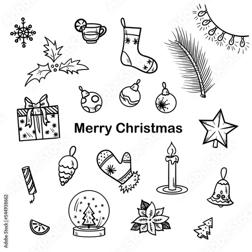 Set of Christmas holidays doodles. Winter holidays doodles collection. Hand drawn vector illustrations. Contour drawing of Christmas, New year. Sketch vintage elements isolated on white. 
