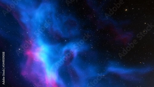 Flying Through The Stars And Blue Nebula In Space. Galaxy exploration through outer space towards glowing milky way galaxy
 photo