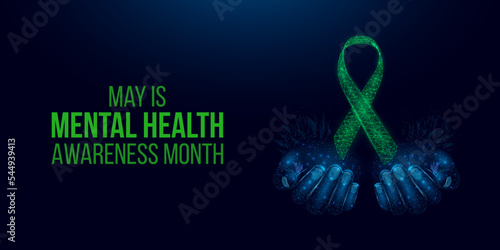 Mental health awareness month concept. Two human hands are holds green ribbon awareness. Abstract vector illustration on dark blue background.