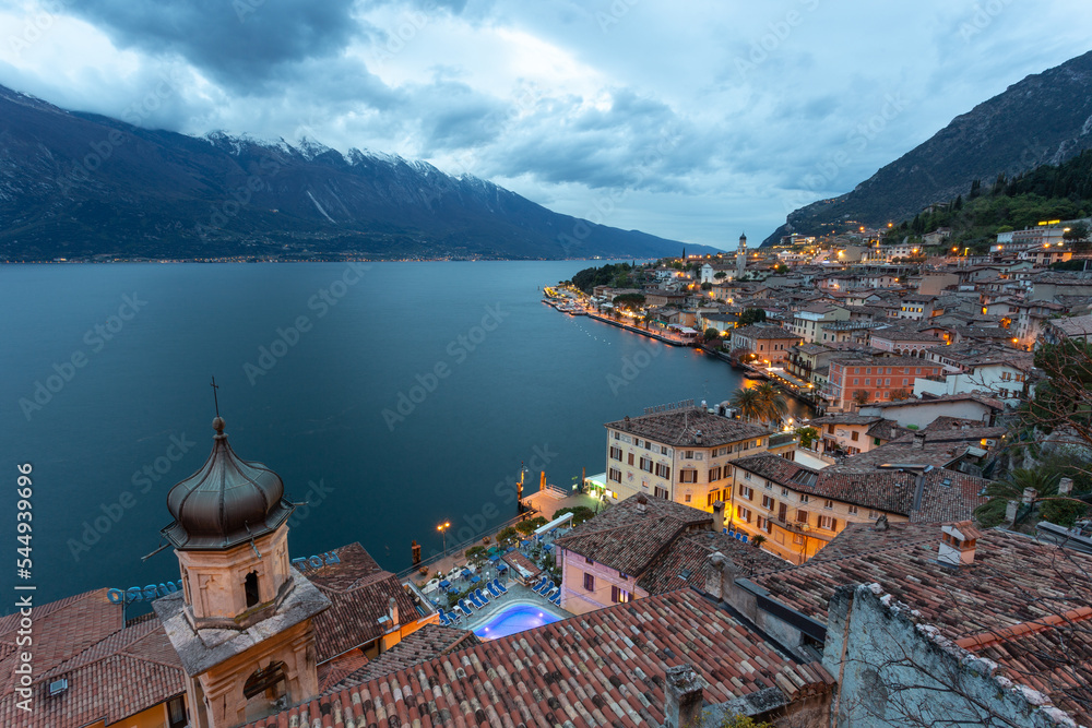 Limone, Lake Garda, Italy. Blue hour,. European Tourism Limone, Lake Garda, Italy. Blue hour,. European Tourism