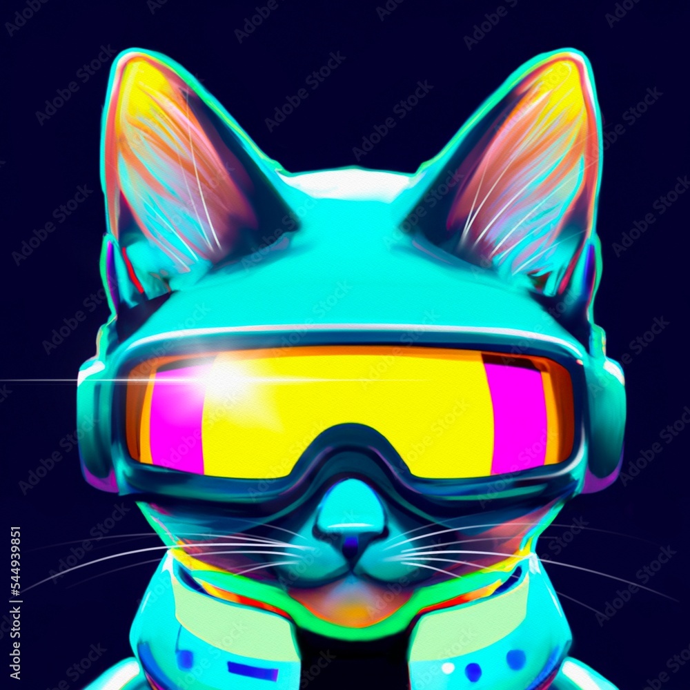 Cartoon cyberpunk portrait of a cute funny cat with glasses in neon ...