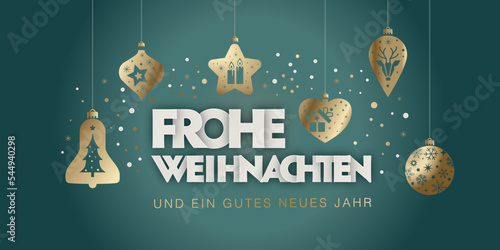 Weihnachtskarte mit dekorativen goldenen Weihnachtskugeln und deutschem Text auf grünem Hintergrund - Frohe Weihnachten und ein gutes neues Jahr