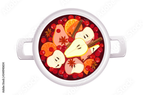 Christmas punch, mulled wine with pear, apples, orange and cranberries in a saucepan.Winter hot drink with cinnamon, cloves, top view.Vector illustration.
