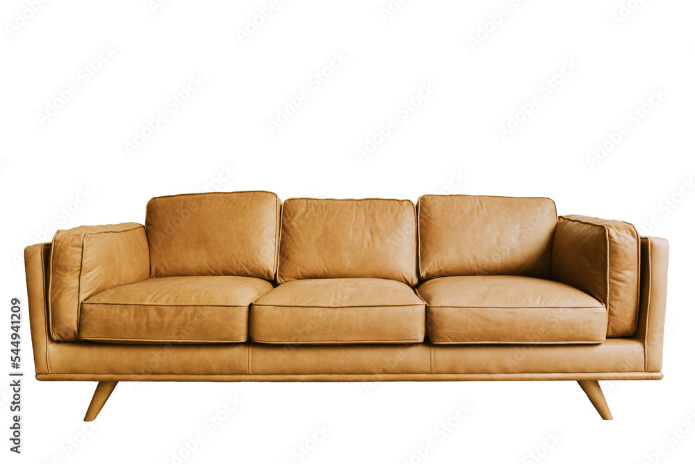 Beautiful leather sofa living bed isolated on a white background. Isolated bed furniture. - obrazy, fototapety, plakaty 